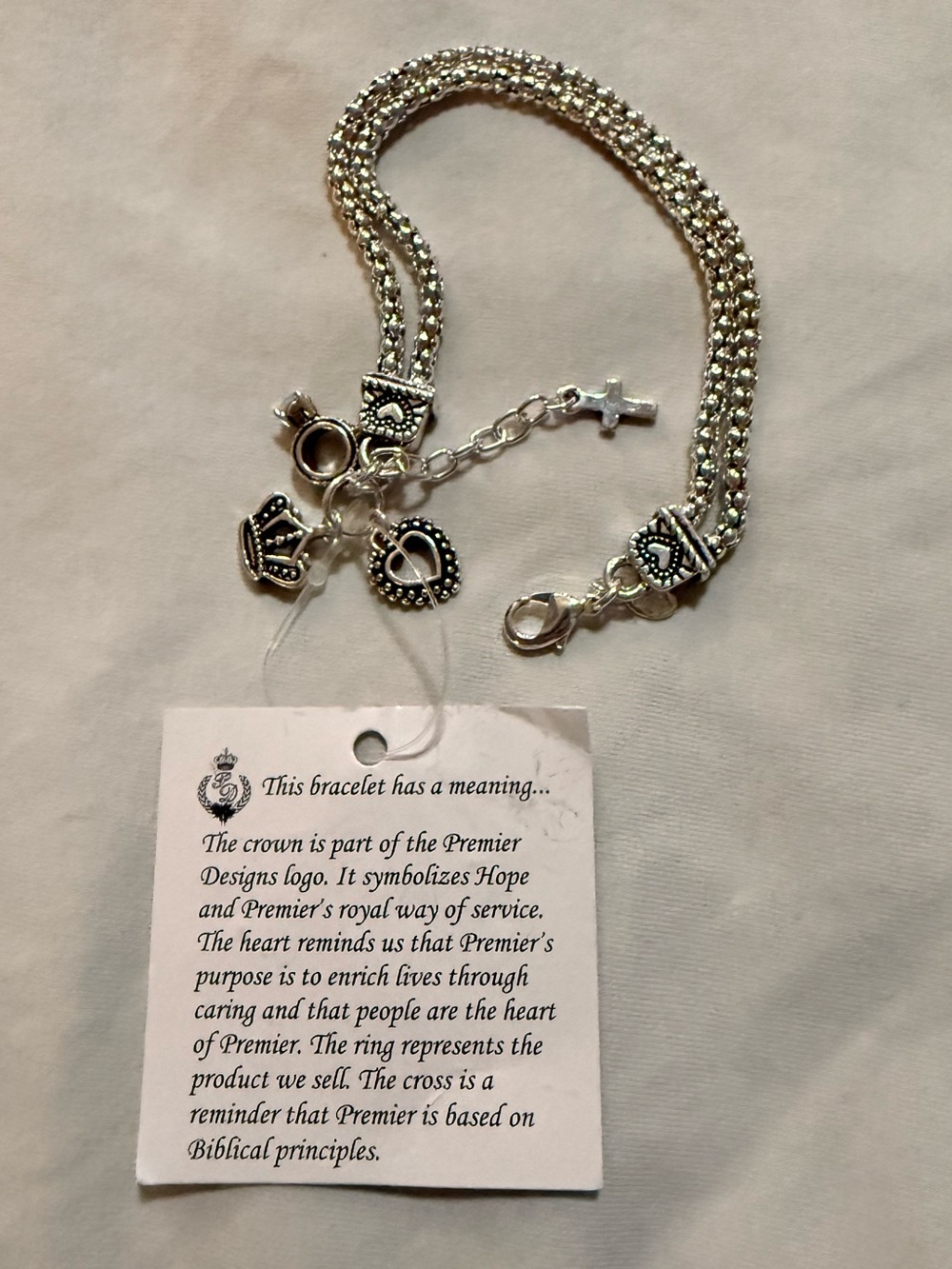 Premier Designs Silver Tone Rope Chain Charm Bracelet Cross Heart Crown